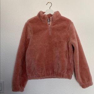 Pink fluffy quarter zip pull over